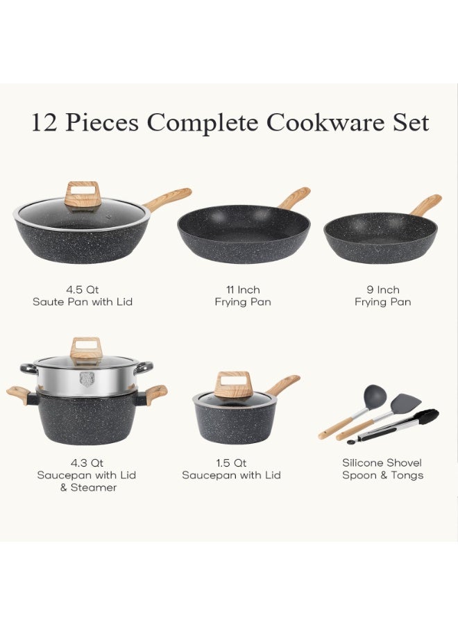 BOAO Upgrade Your Kitchen with BOAO Nonstick Pots and Pans Set - 12-Piece Cookware Set Featuring FDA-Certified Safety, Effortless Cleaning & Elegant Design - Compatible with All Stove Types (Black) - Image 2